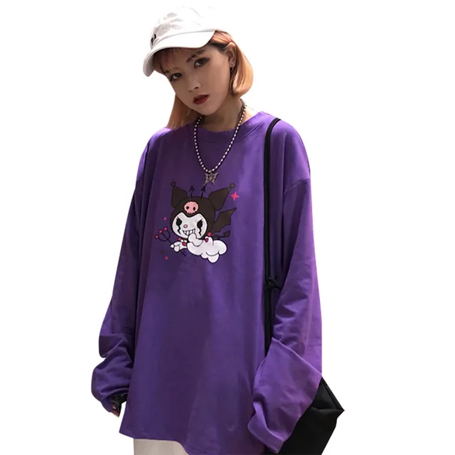 US $12.54 Lychee Trendy Cartoon Demon Print Purple Women T-Shirt Long Sleeve O-Neck Female T Shirt Casual Loo