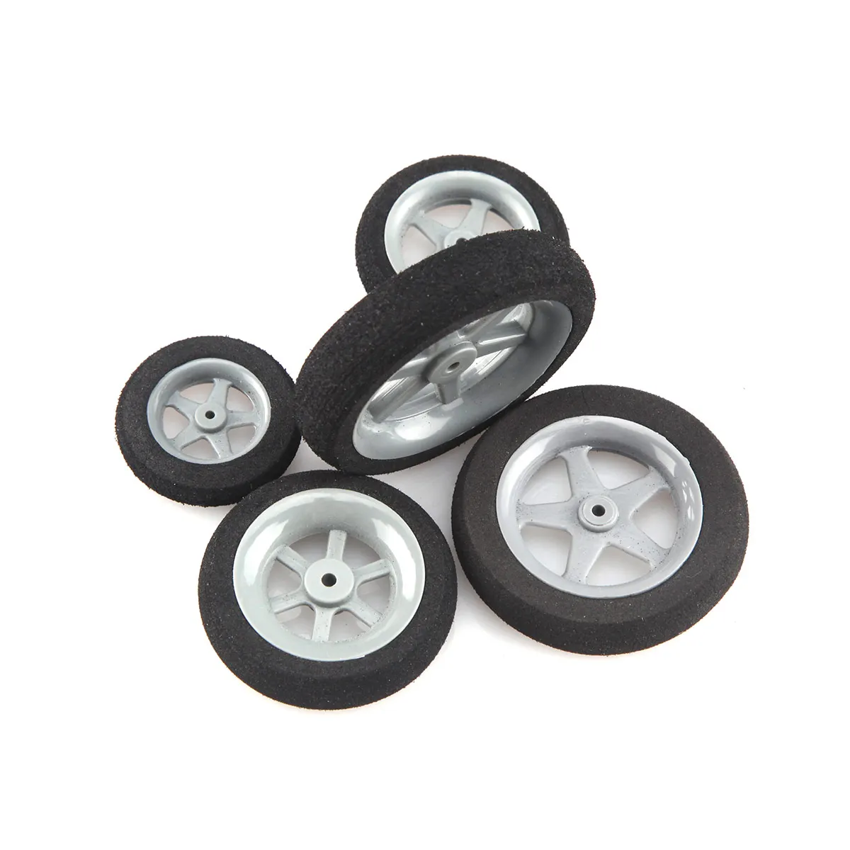 Lot de 5 roues de planeur RC 30-50mm aux couleurs variées, alignées côte à côte.