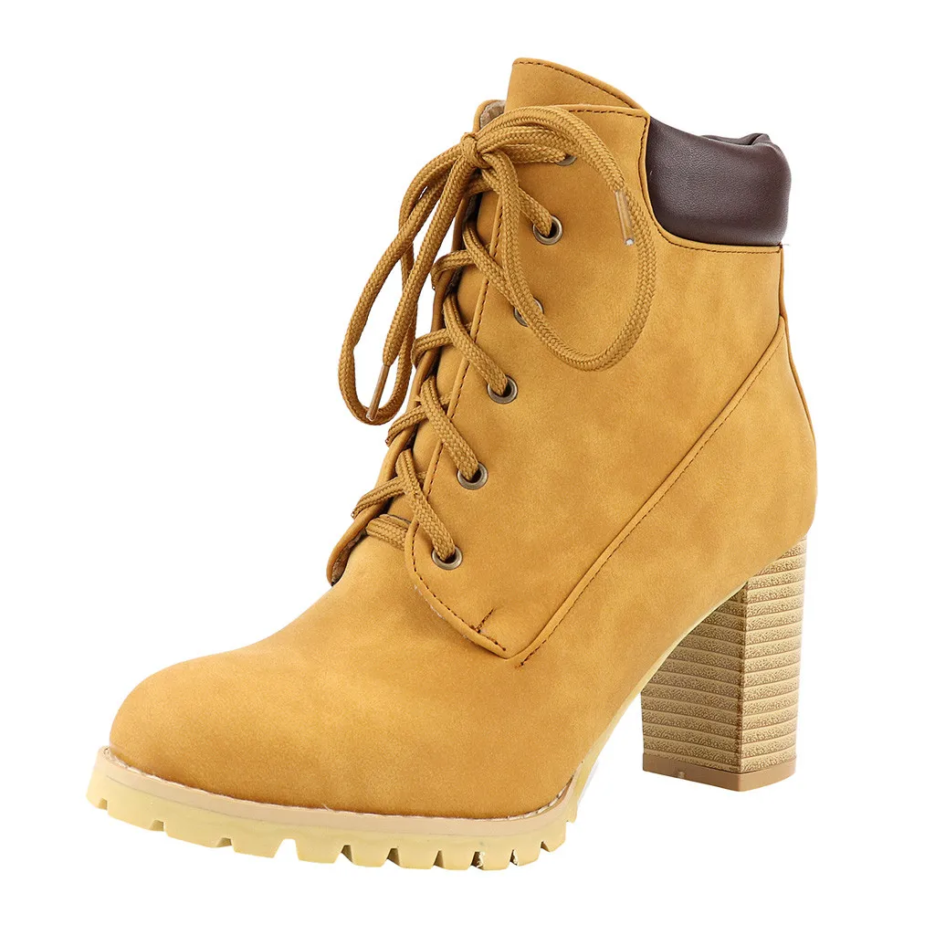 Ботинки; женские зимние ботинки; женские повседневные ботинки из натуральной искусственной кожи с перекрестной шнуровкой; обувь на высоком каблуке; большие размеры; женские ботинки - Цвет: Цвет: желтый