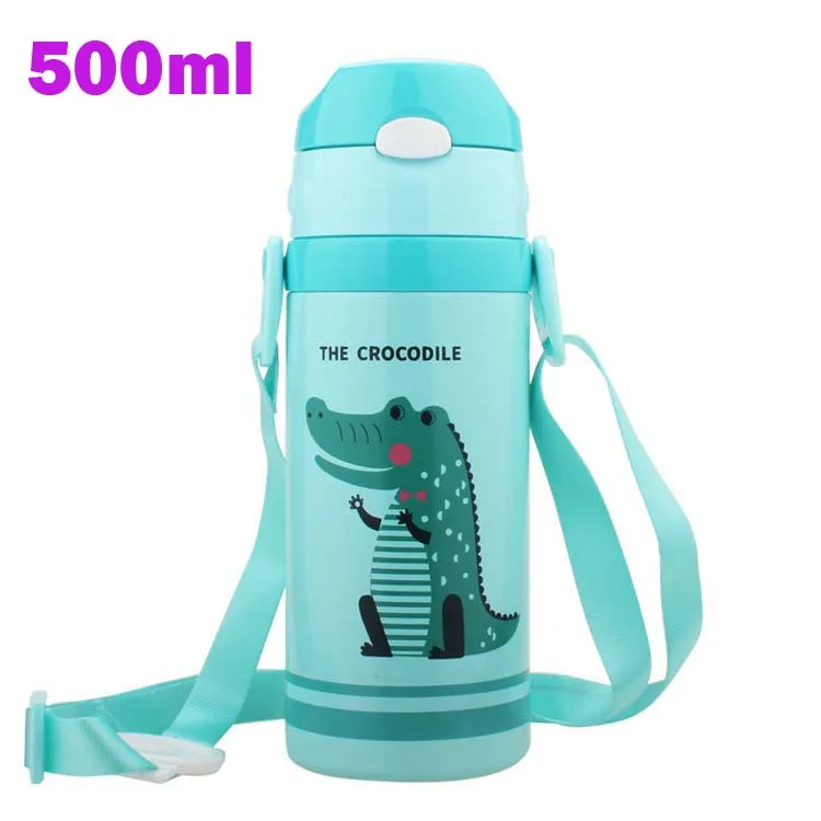 500ml Blue strap Детская мультяшная Питьевая бутылка с двойным слоем из нержавеющей стали, термос для воды, детская утепленная соломенная чашка, Портативная Домашняя школьная бутылка - Цвет: 500ml Blue strap