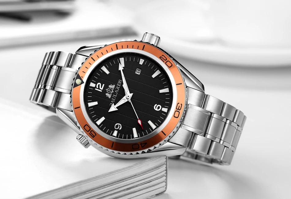 Automatic Self Wind Mechanical Stainless Steel Strap Simple Orange Blue Bezel Date Business Men_voghion.com