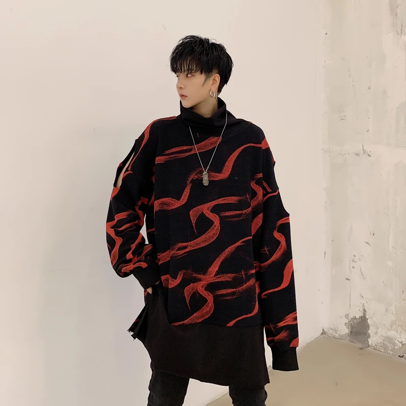 CAMEL Male Streetwear Hip Hop Long Sweatshirt Men Autumn Winter Turtleneck Loose Casual Long Sleeve Hole Print Pullover Hoodie - Цвет: CAMEL