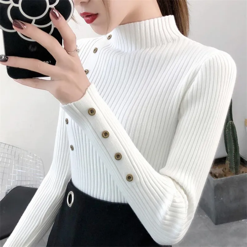Белый Women Autumn Knitted Sweater Solid Knitted Female Cotton Soft Elastic Color Pullovers Button Full Sleeve Turtleneck - Цвет: Белый