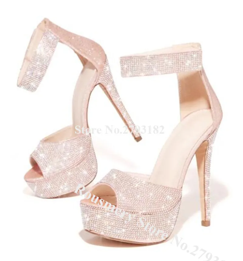 Шикарные роскошные босоножки на высоком каблуке-шпильке со стразами и стразами; цвет розовый, серебристый; босоножки на высоком каблуке с кристаллами; Свадебная обувь