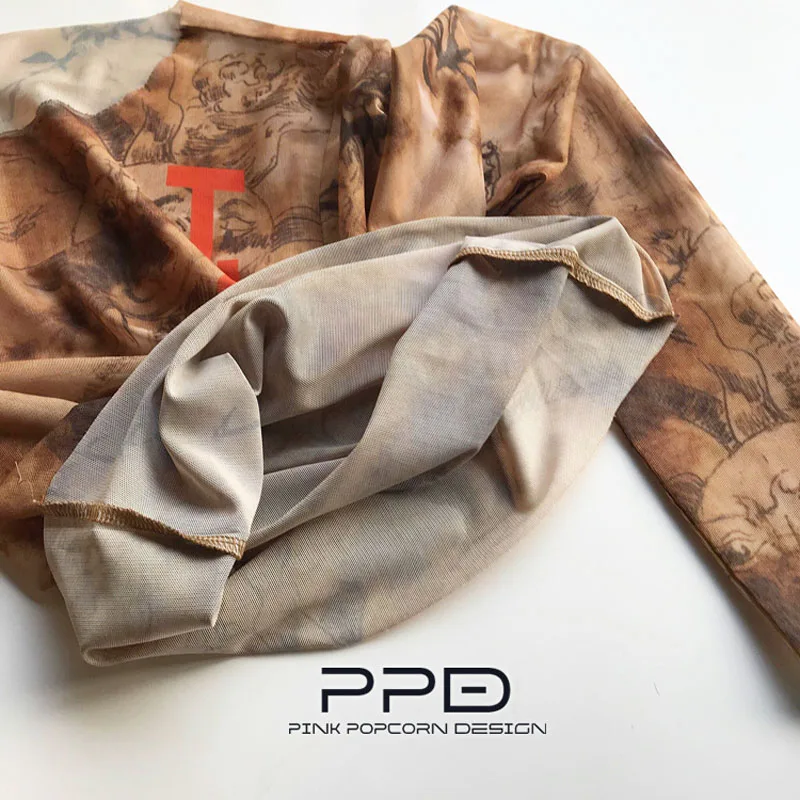 Европейский и американский стиль ретро Y2K шипы солнце бог печать сетки высокая эластичная тонкая круглый вырез с Длинным Рукавом Джемпер Футболка