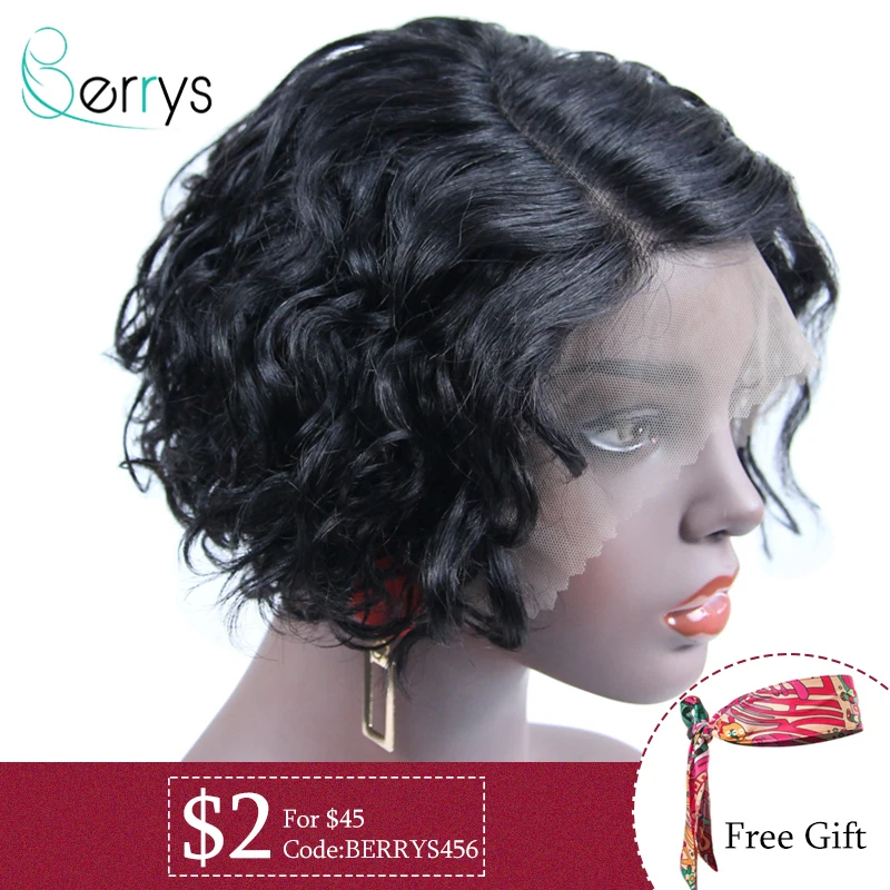 Berrys Pixie Cut Lace Part Wigs Preplucked Blunt Bob Front Short Human Hair Wavy J/T Glueless | Шиньоны и парики