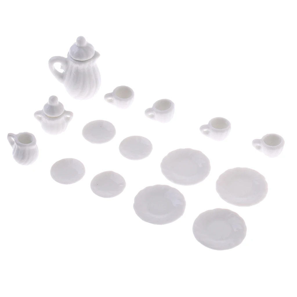 Miniature 15pcs White Ceramic China Tea Set Pot Cup Plate For 1/12 Dollhouse