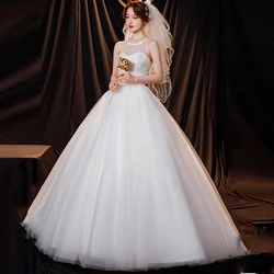 Wedding Dresses Illusion Halter Sleeveless Backless Tulle Lace Sequined Embroidery Floor-length Vintage Women Bridal Gown GB500