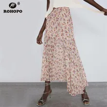 ROHOPO двухслойная женская розовая плиссированная юбка средней длины с узором с оборкой, с высокой посадкой Цветочный шик праздник Falda#443