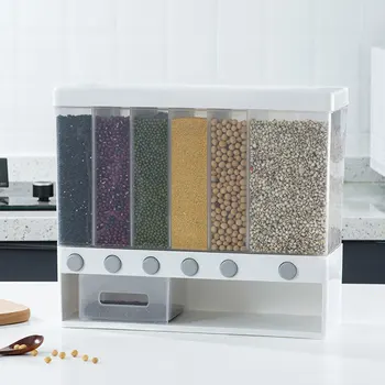 

10KG Wall Mounted Divided Rice And Cereal Dispenser 6 Moisture Proof Plastic Automatic Racks Sealed Food Antidust Storage Box