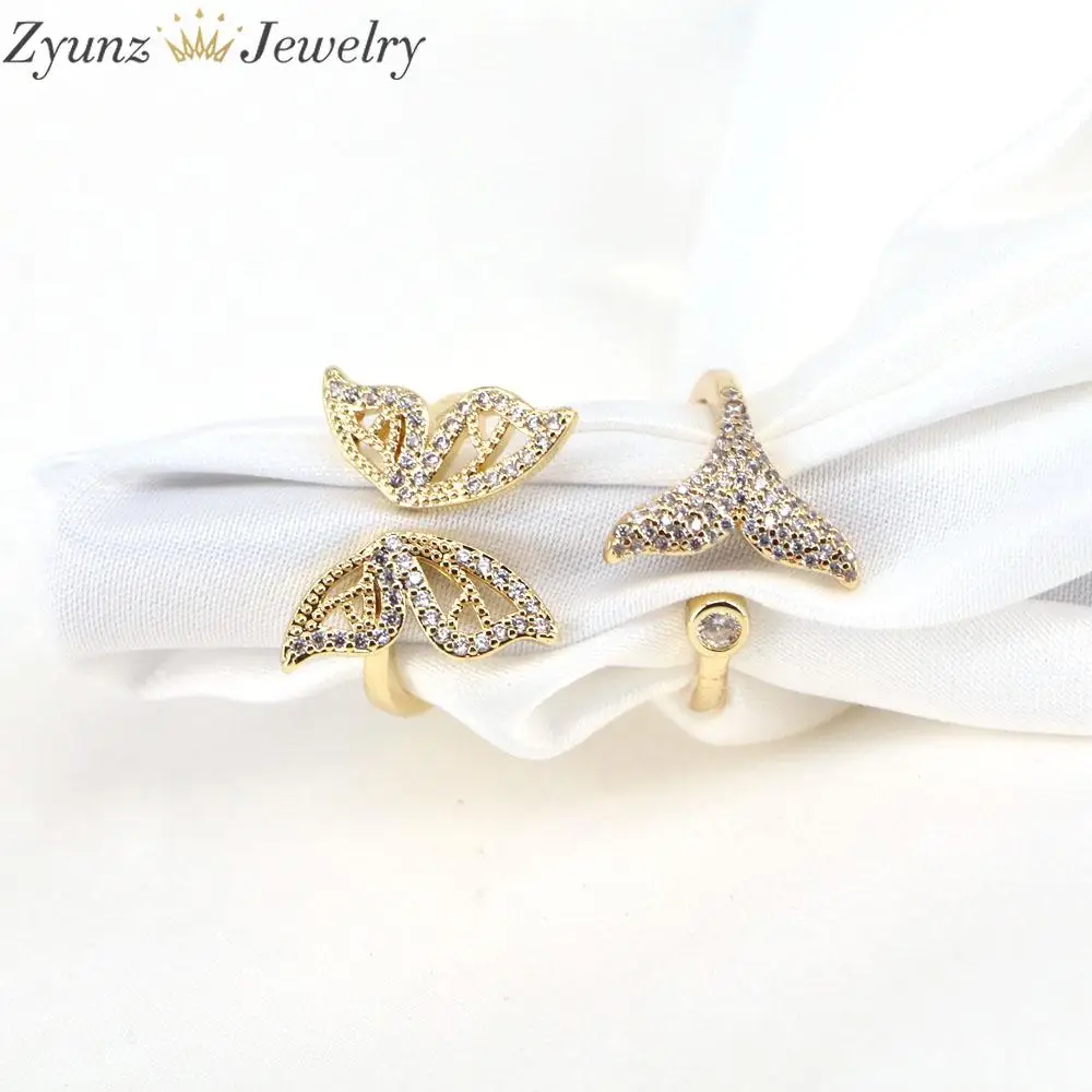 

10PCS, CZ Zircon Butterfly Ring Gold Jewelry Fishtail Fish Wave Crystal Opening Rings