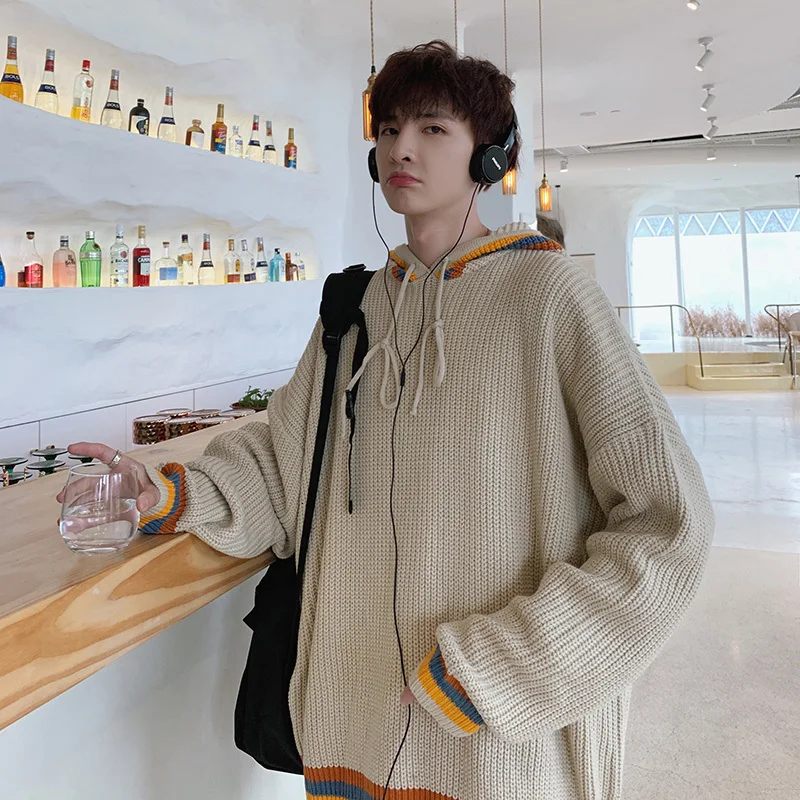 

Winter New Sweater Men Warm Fashion Contrast Color Casual Hooded Knit Pullover Man Streetwear Wild Loose Long-sleeved Sweater