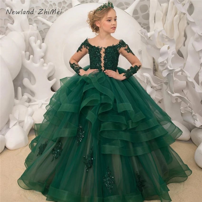 Dark Green Flower Girl Dresses New Arrival Beaded Applique Lace Long