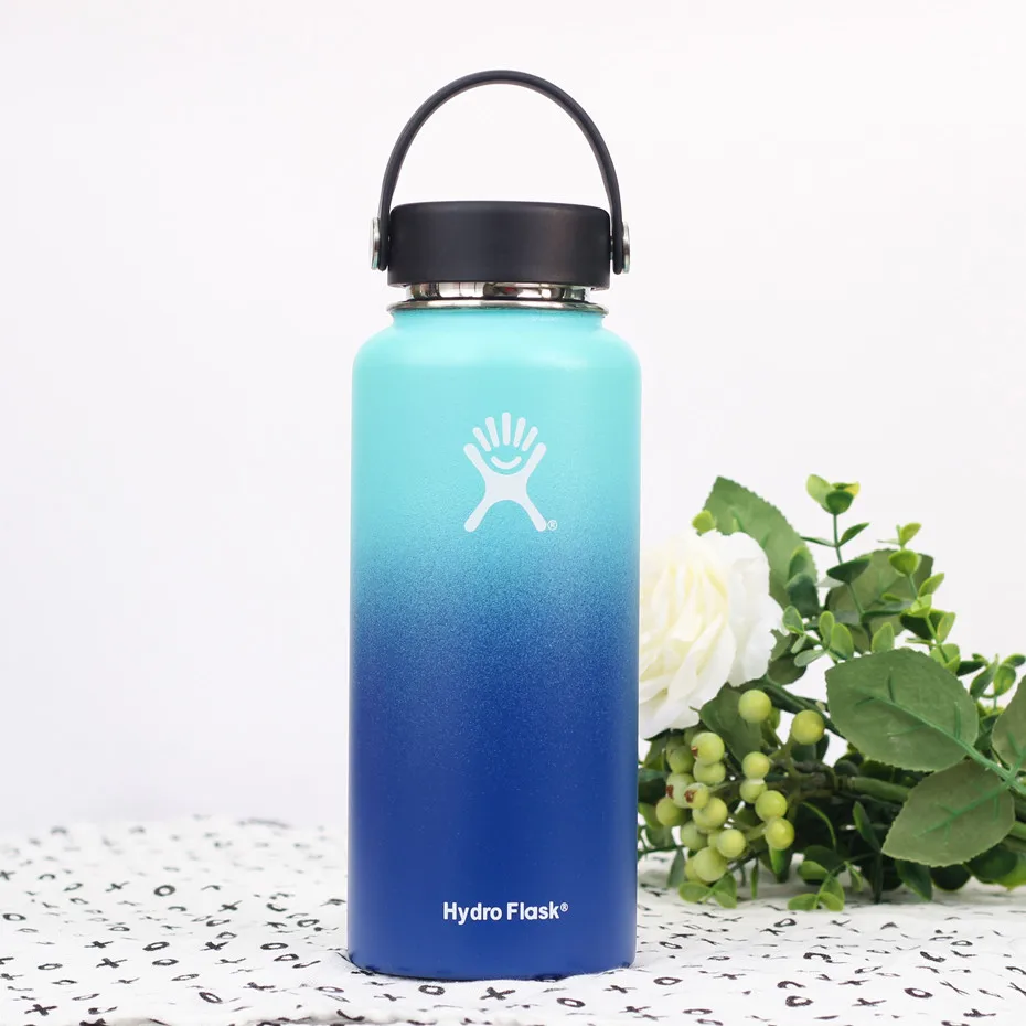 Гидро фляга 32 унции стакан фляжка вакуумной изоляцией фляга из нержавеющей стали бутылка для воды с широким горлом на открытом воздухе спортивная бутылка - Цвет: Light green blue