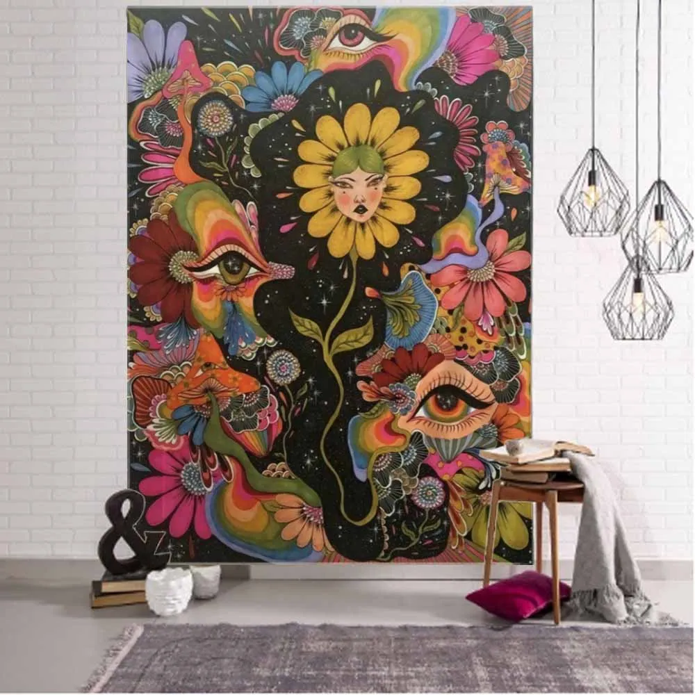 Retro mandala tapestry elephant head Buddha psychedelic flower plant wall hanging bohemian aesthetics home wall decoration 5