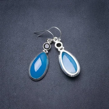 

Natural Chalcedony and Black Onyx Handmade Unique 925 Sterling Silver Earrings 1.5" Y3585