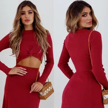 

Women Casual Knitted Two-Piece Sets 2020 Autumn Winter Ladies Long Sleeves O-Neck Short Tops&Elegant Long Skirt Red Color Suit