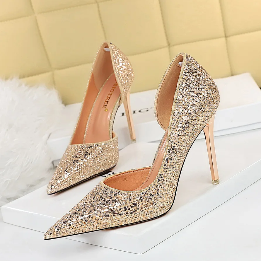 

BIGTREE Shoes Gold Sliver Woman Pumps Sequin Cloth Wedding Shoes Sexy High Heels 2022 New Pumps Women Stiletto Heels 10.5 Cm