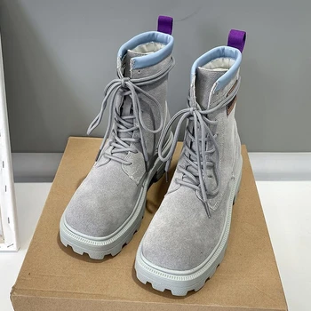 

2020 Winter Women Fashion Ankle Boots Brand Chunky Platform Boots Women's Gray Gladiator Boots Woman Leather Shoes Plus Size 42