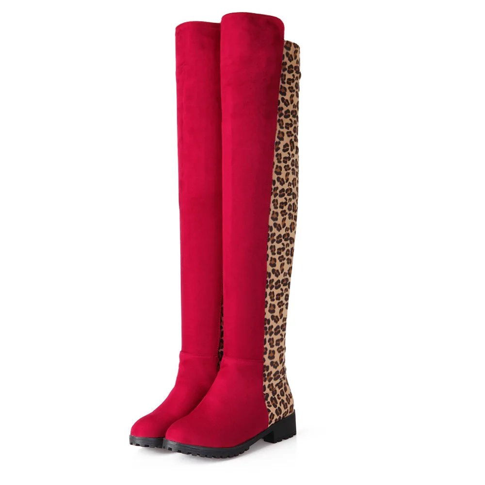 Women's Leopard High Boots Winter Long Tube Boot Lady Stylish Sexy Over-the-Knee Low Heel Shoes Thigh-High Suede Boot Party - Color: red