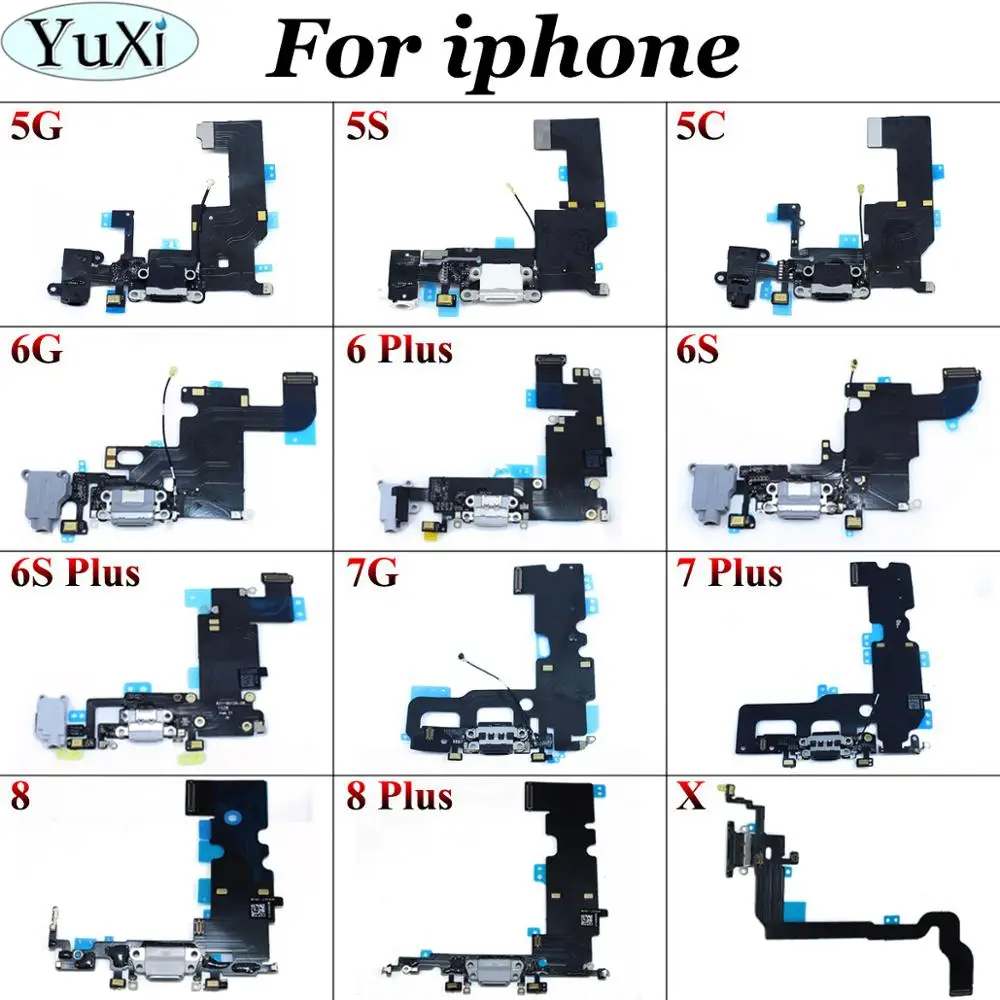 

YuXi Charger Charging Port USB Dock Connector replacement For iPhone 5 5C 5S 6 6S 7 8 Plus X 4S Headphone Audio Jack Flex Cable