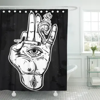 

Shower Curtain Human Hand Holding Weed Joint Spliff Cigarette All Seeing Waterproof Polyester Fabric Set with Hooks
