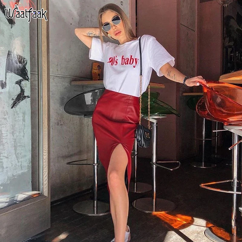 

Waatfaak Split Red Faux Leather Skirt Knee Length Autumn Winter Ladies Package Hip Leather Pencil Skirt Zipper High Waist Jupe