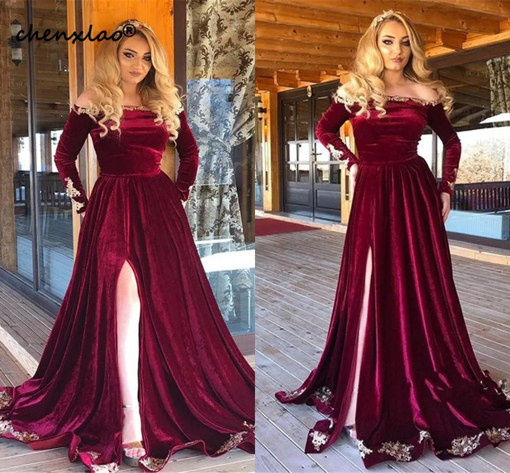 

2020 Sexy Burgundy Velvet Evening Dress Long-Sleeves Off-the-shoulder Floor-Length A-line Prom Dresses robe de soiree