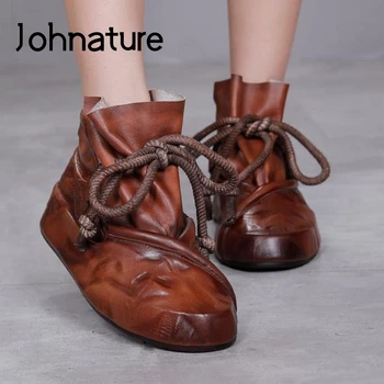 

Johnature Genuine Leather Ankle Women Boots Lace-up Round Toe Women Shoes Pleated Flat With 2020 New Retro Casual Platform Boots