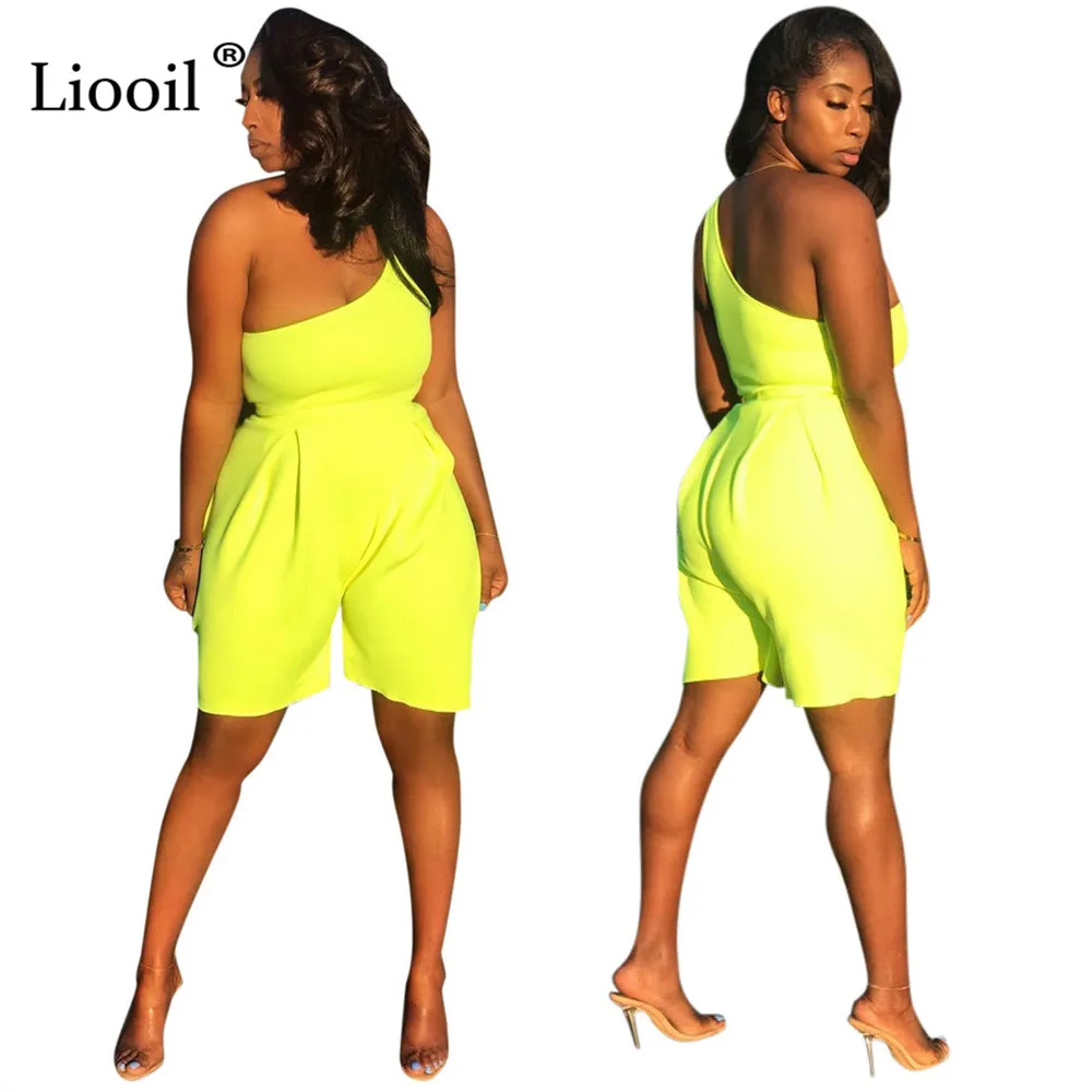 Liooil One Shoulder Yellow Sexy Jumpsuit Shorts One Piece Outfit Club Romper Women Asymmetrical High Waist Party Playsuits