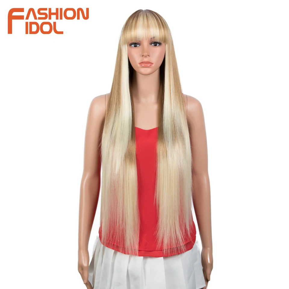 FASHION IDOL Synthetic Wig With Bangs 36 Inch Long Straight Wig Cosplay Ombre Blond Wigs For Black Women Heat Resistant Fiber