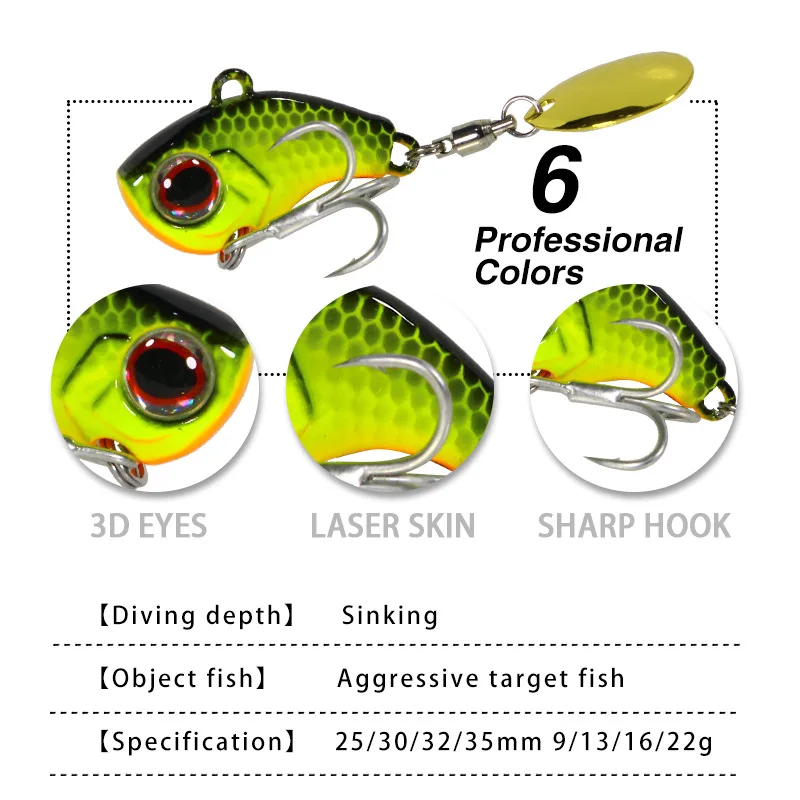1PCS Rotating Metal VIB 9g/13g/16g/22g Wobbler Fishing Lure Sequins Tail Spinner Sinking Baits Spoon Crankbait Fishing Tackle