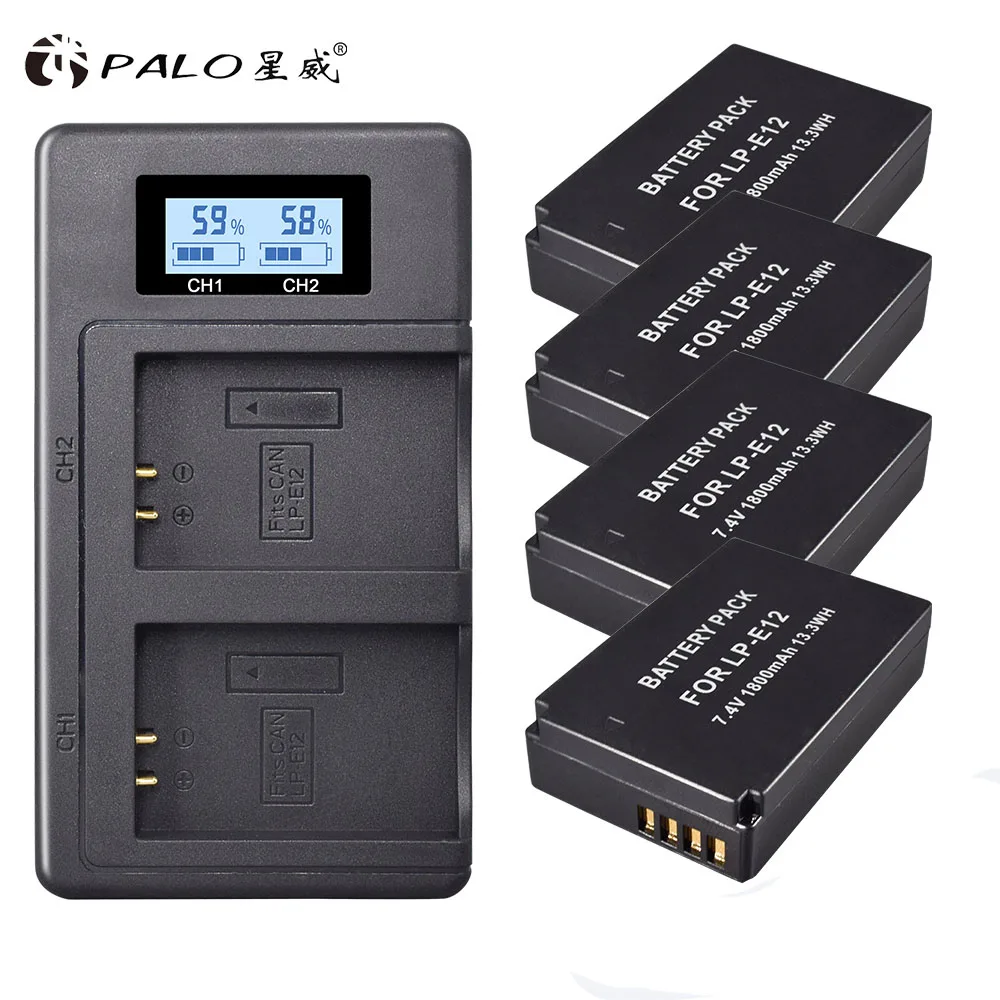 1 charger 4 battery 4 шт. 1800 мАч LP-E12 LP E12 LPE12 литий-ионный аккумулятор+ ЖК-USB двойное зарядное устройство для Canon EOS M50 M10 M M100 100D Kiss X7 Rebel SL1 камера - Цвет: 1 charger 4 battery