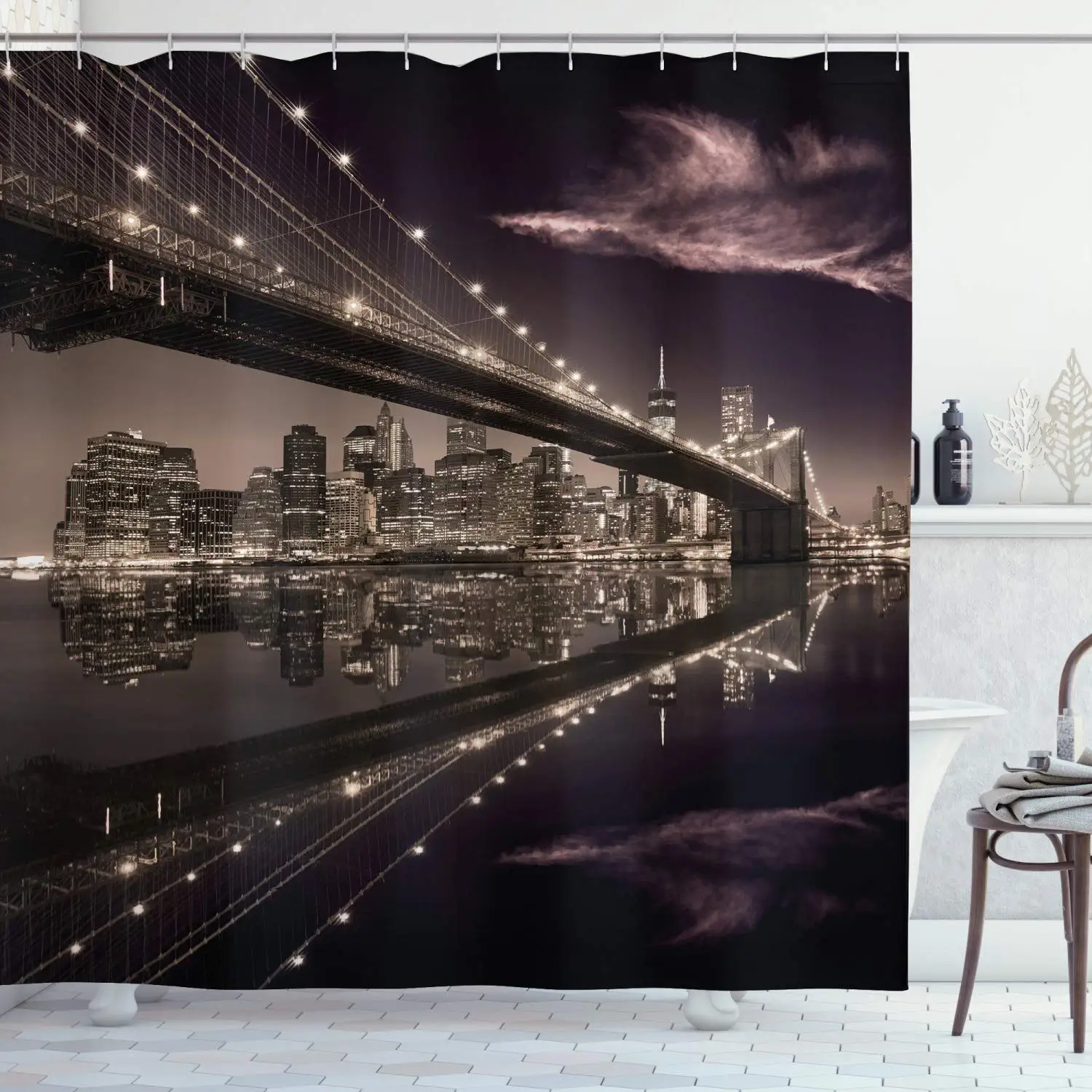 

Landscape Shower Curtain, Brooklyn Bridge Sunset NYC View Skyline Tourist Attraction Modern City, Cloth Fabric Bathroom Decor