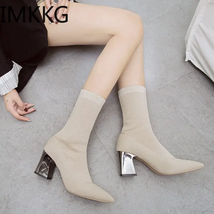 

Women Black Ankle Sock Boots 2019 Fashion Spring Autumn Stretch Boots Chunky High Heels Pointed Toe Women Shoes F90343