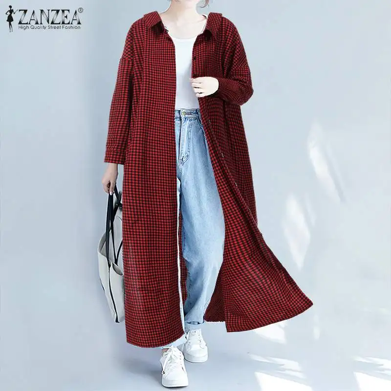ZANZEA, Женский клетчатый длинный кардиган, осень, для офиса, для девушек, хлопок, лен, рубашка в клетку, блузка, повседневная, с отворотом, на пуговицах, туника, топы, блузы