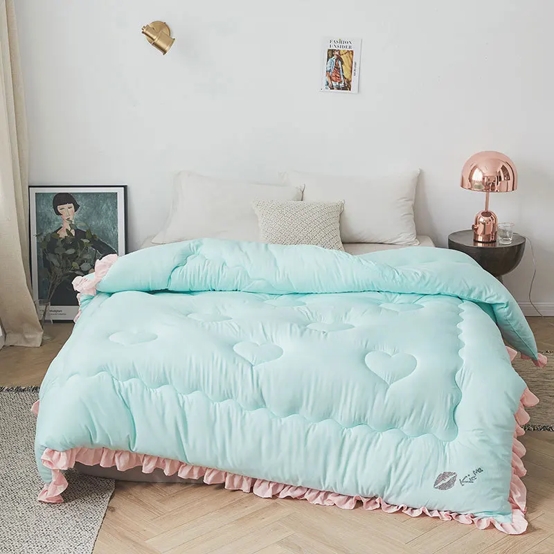 light green pink Новое одеяло с оборками, вымытое хлопковое утепленное одеяло, мягкие зимние одеяла 200*230 см, зеленое домашнее постельное белье с сердечками, постельное белье для принцессы - Цвет: light green pink
