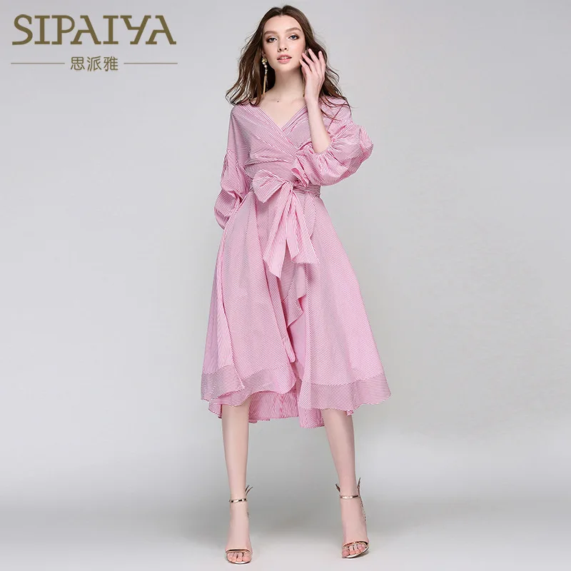 SeeBeautiful Новая мода осеннее свободное женское платье в полоску с v-образным вырезом и рукавом-фонариком с высокой талией и бантом Q107 - Цвет: pink