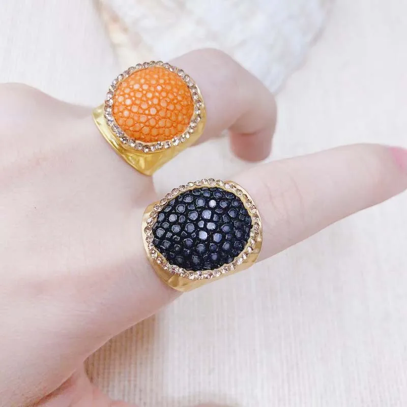 

2019 New Fashion Natural Fish Skin Ring Pave Rhinestone Retro Exquisite personality Ring Adjustable 24 Carat Gold Mix Color