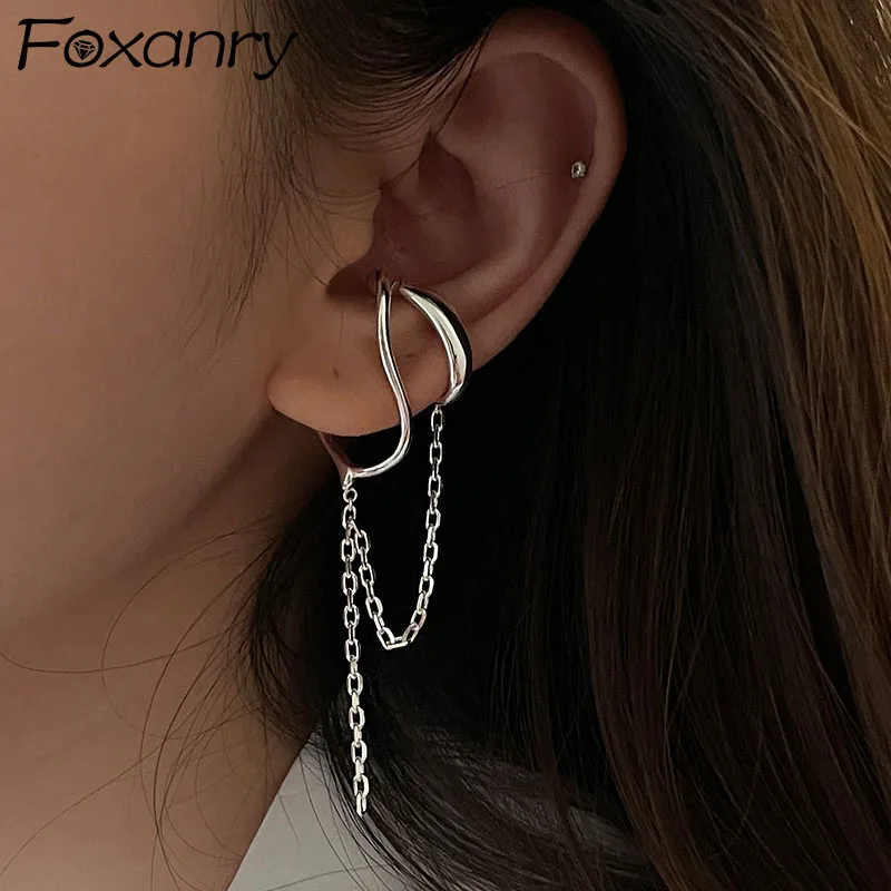 FOXANRY Prevent Allergy 925 Sterling Silve Earrings Ear Clip Trend Vintage Simple Irregular Geometric Tassel Chain Party Jewelry