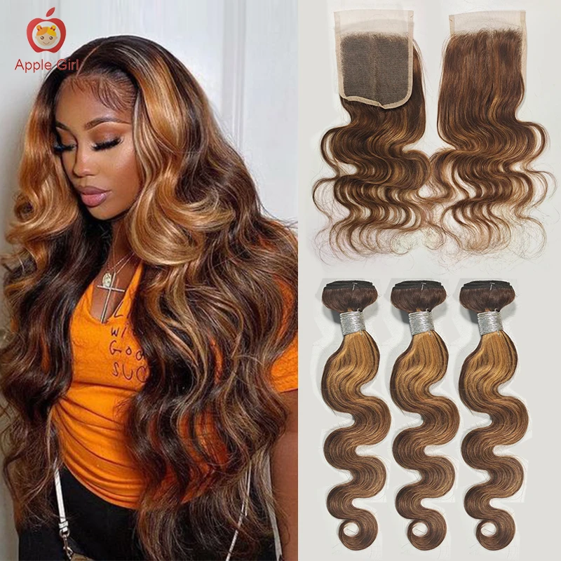 

Transparent Lace Closure With Bundles Brazilian Body Wave 4 or 3 Human Hair Bundles With Closure Highlight Applegirl Remy