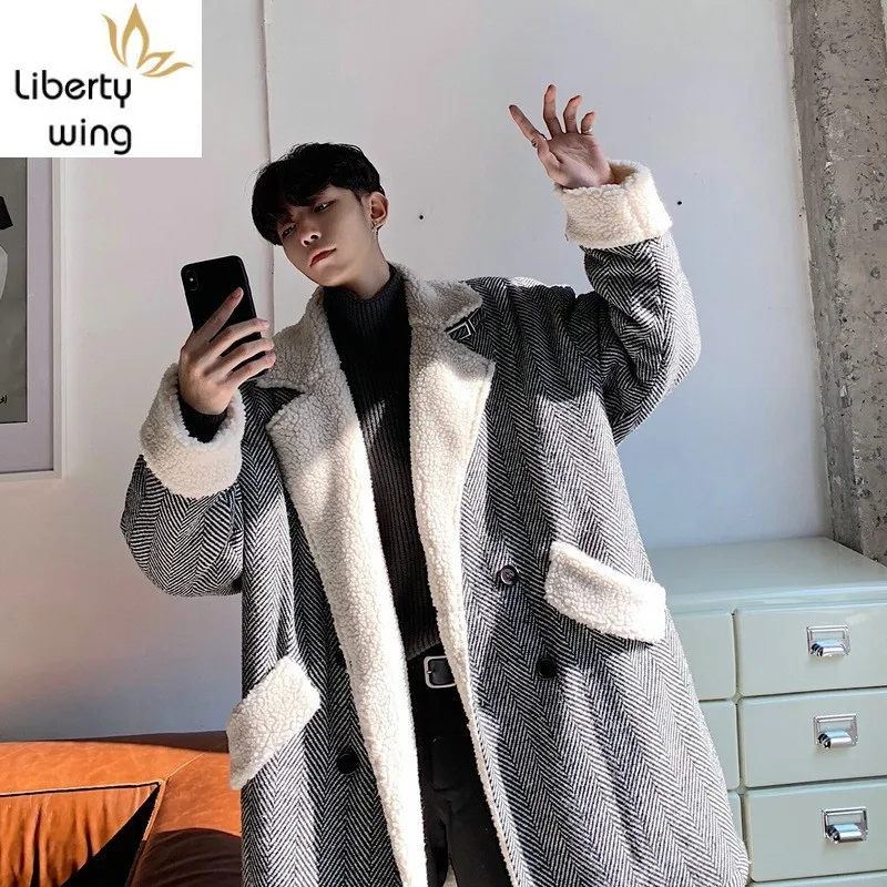

Korean Double Breasted Mens Lambswool Lining Overcoats Long Sleeve Winter Warm Loose Fit Male Casual Medium Length Trench Coats