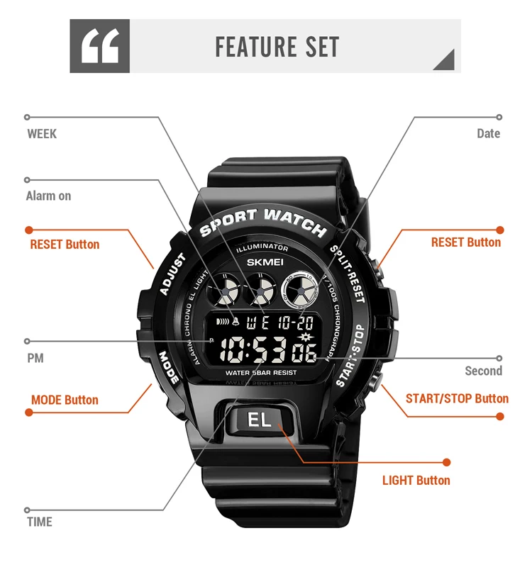 SKMEI New Sport Digital Men's Watches Fashion Waterproof Shockproof Juvenile Alarm Clock Electronic Wristwatch Relojio Masculino 5