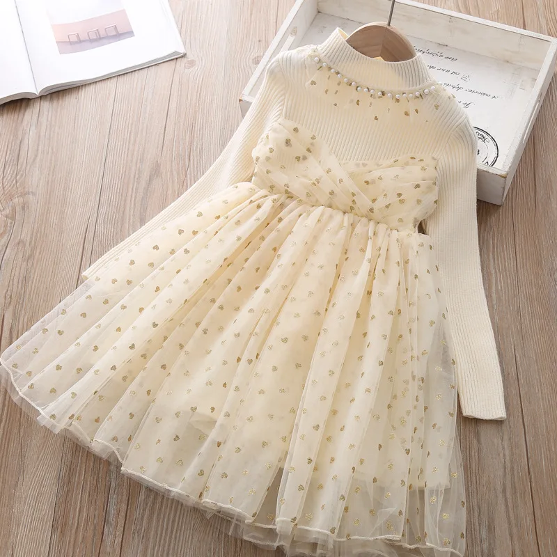 Sweet Girl Knitted Sweater Dress Kids Bling Spliced Mesh Autumn Winter Style Super Fairy Princess Dresses | Детская одежда и обувь