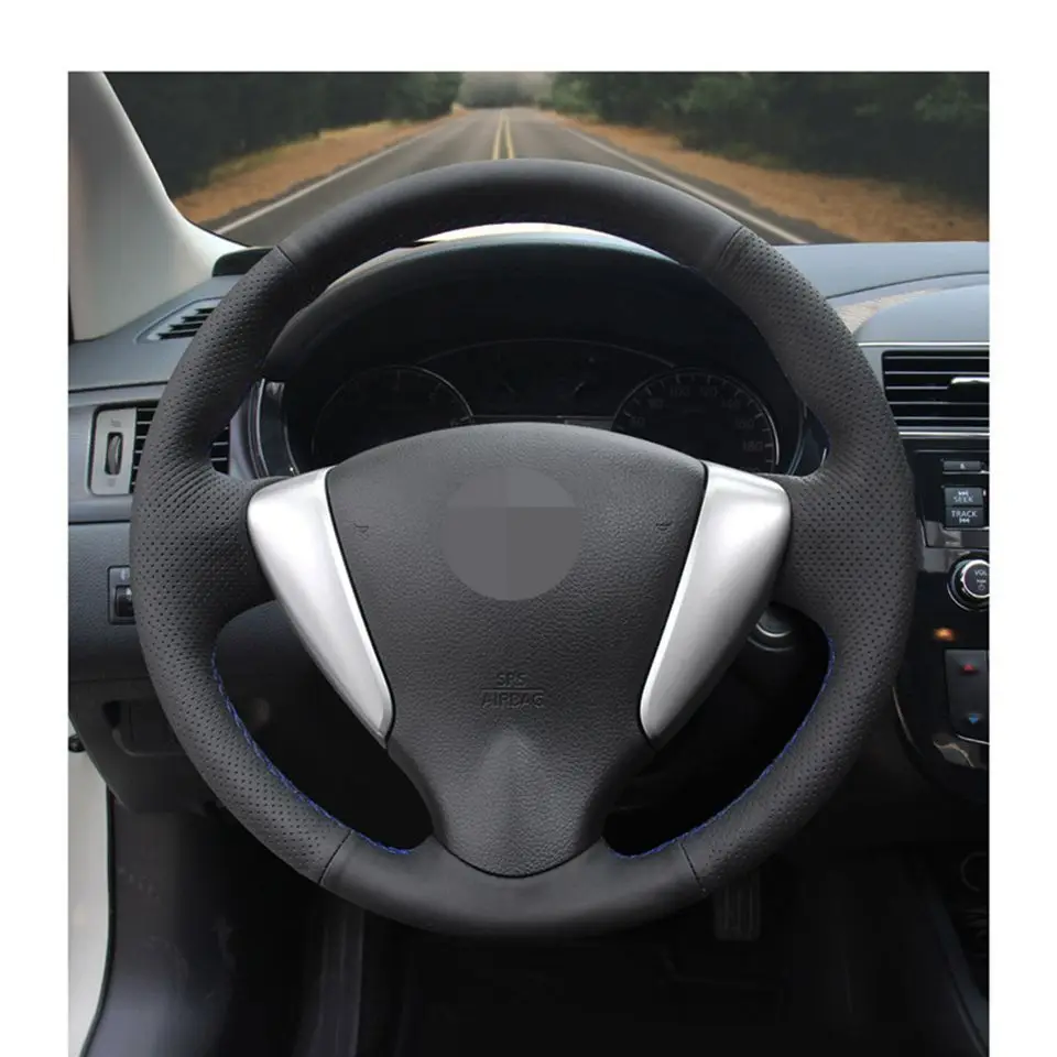 Черный чехол на руль из натуральной кожи ручной работы для Nissan Versa Note Nissan Tiida Sylphy 2012- Versa