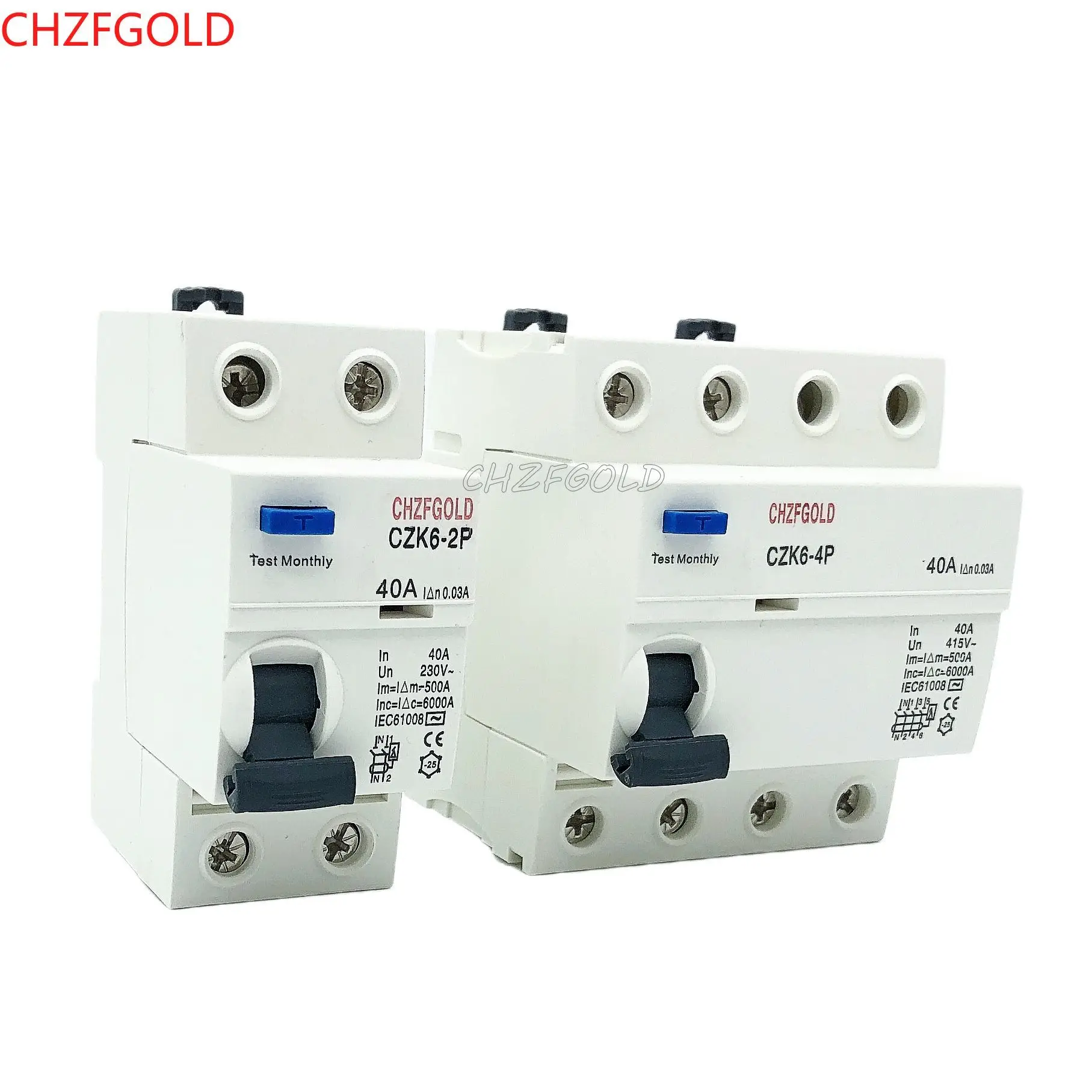 CHZFGOLD 유형 B 누전 회로 차단기 RCCB RCD Din 레일 DC EKL6-100B 4P 40A 63A 30mA 10KA