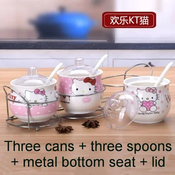 

Hello Kitty ceramic drum-shaped seasoning jar with iron rack spoon three-piece kitchen utensils