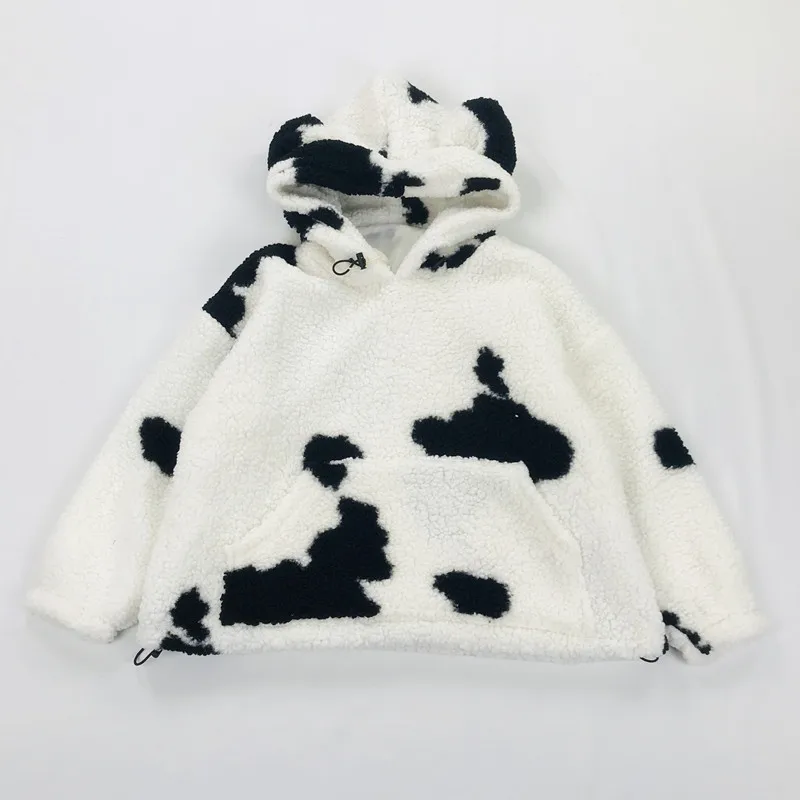 

Casual Loose Women's Cute Cow Pattern Stereo Ear Hooded Pullover Winter New Warm Thick Lambskin Coat Suitable For Teenage Girls