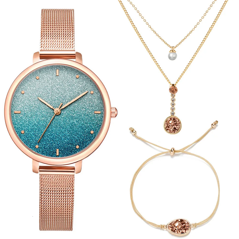 Colorful Watch Women Necklace Bracelet Set (3PCS/Set) Women's Watches Stainless Steel Mesh Starry Sky Quartz Female Wrist Watch