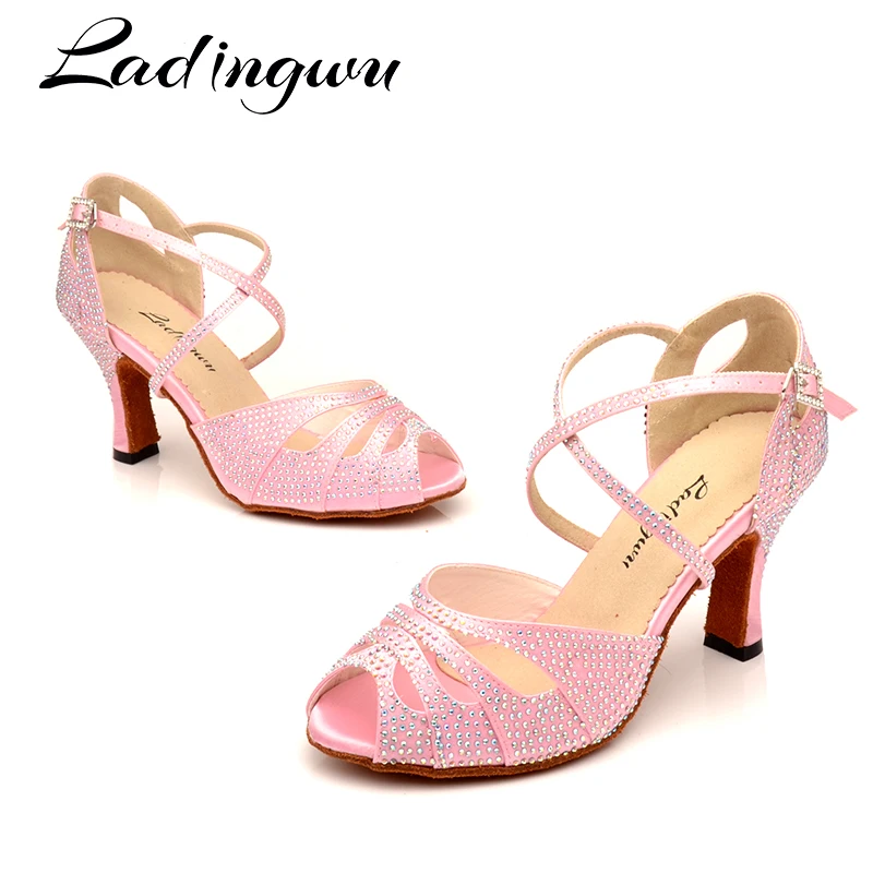 Ladingwu Rhinestone Dance Shoes Latin Salsa Dance Girls Shoes Dark Green Light Green Gradient Women Pink Small mouth dance shoes